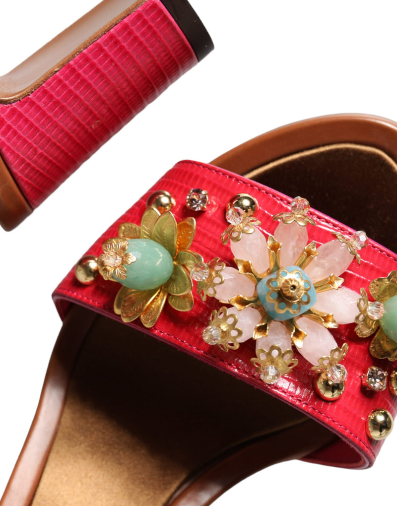 Dolce & Gabbana Fuchsia Leather Embellished Keira Sandals
