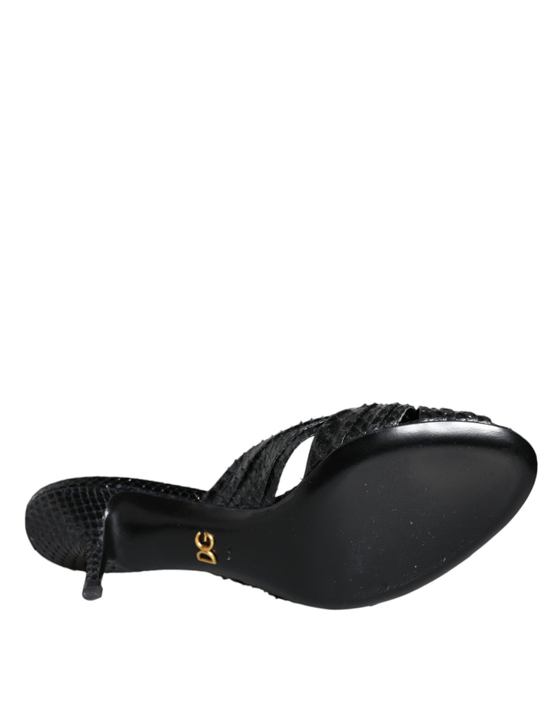 Dolce & Gabbana Black Python Leather Heels Slides Sandals