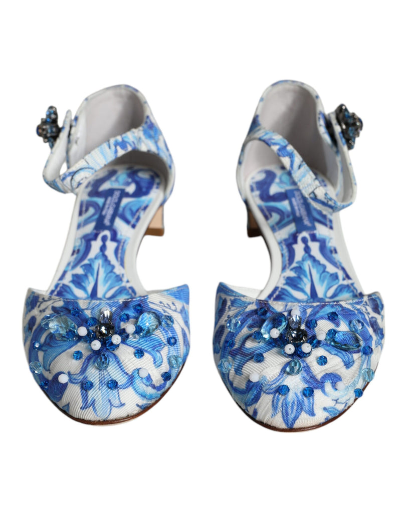 Dolce & Gabbana White Blue Majolica Print Ankle Strap Sandals