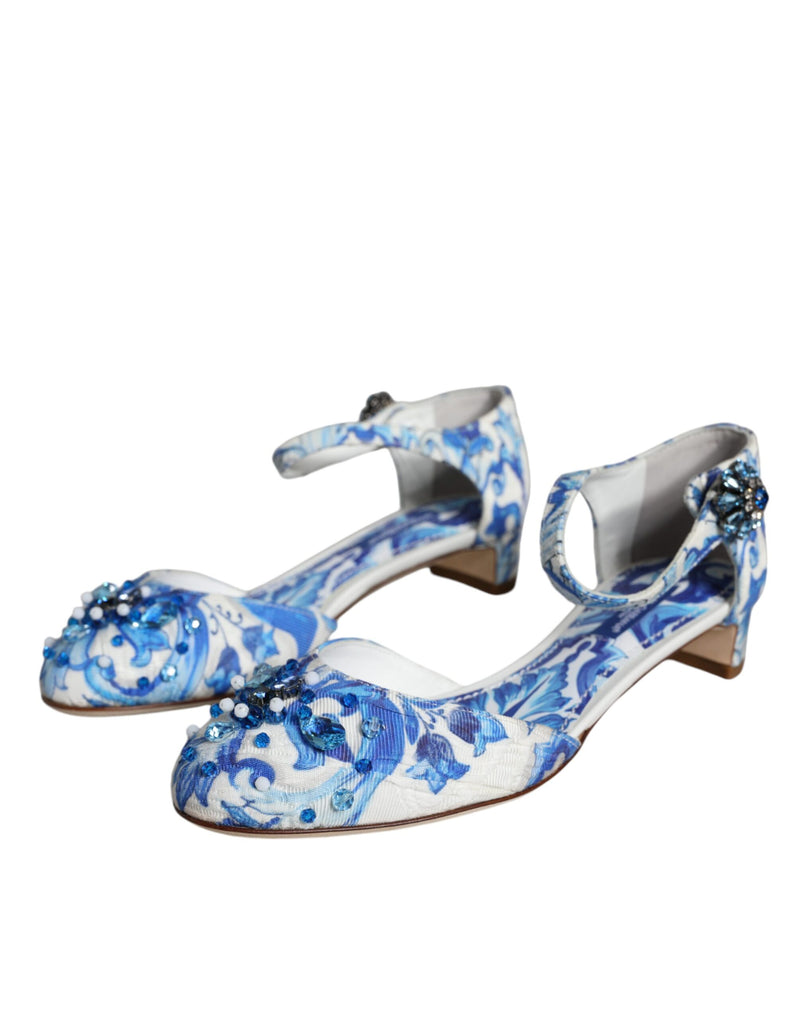 Dolce & Gabbana White Blue Majolica Print Ankle Strap Sandals