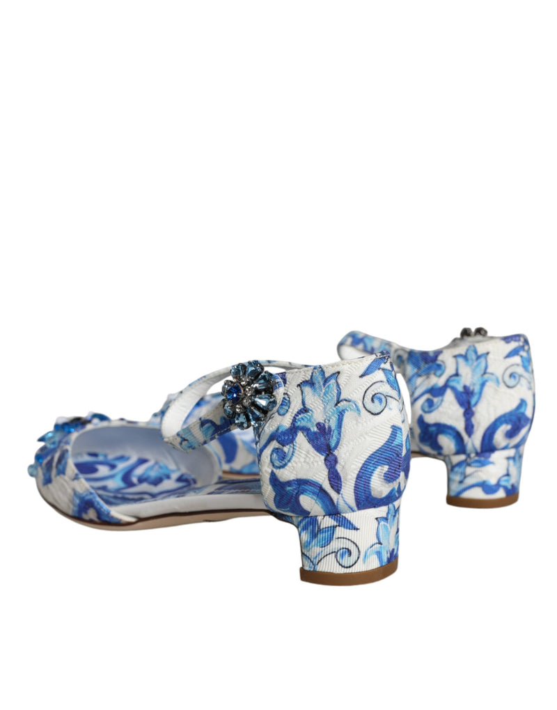 Dolce & Gabbana White Blue Majolica Print Ankle Strap Sandals