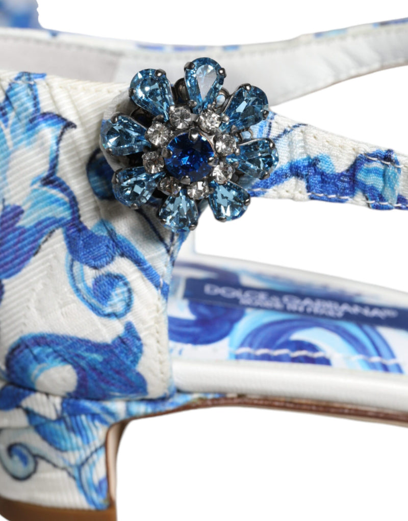 Dolce & Gabbana White Blue Majolica Print Ankle Strap Sandals