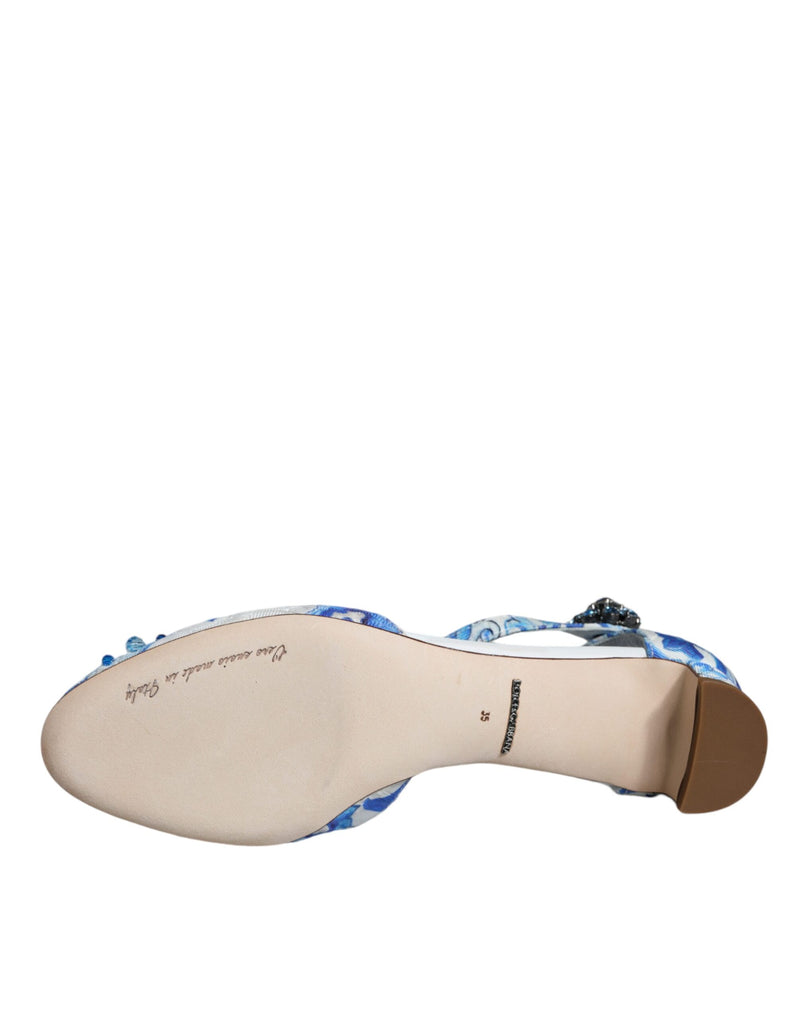 Dolce & Gabbana White Blue Majolica Print Ankle Strap Sandals