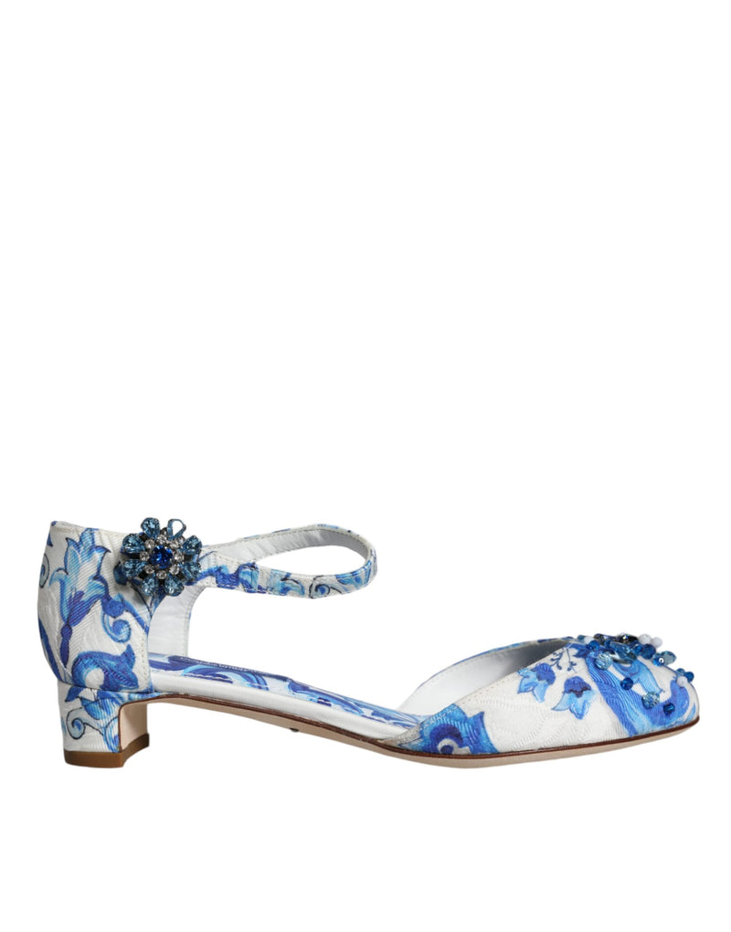 Dolce & Gabbana White Blue Majolica Print Ankle Strap Sandals