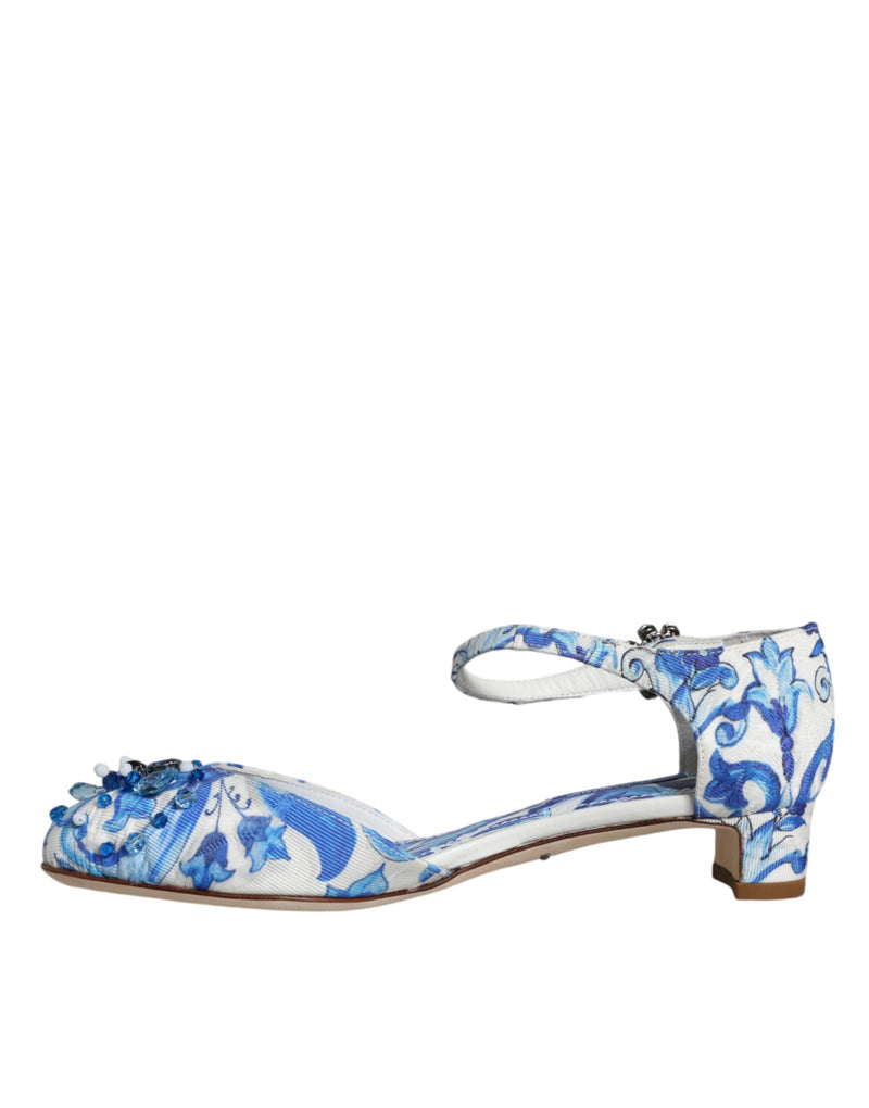 Dolce & Gabbana White Blue Majolica Print Ankle Strap Sandals
