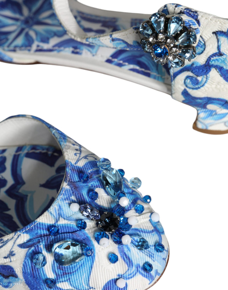 Dolce & Gabbana White Blue Majolica Print Ankle Strap Sandals