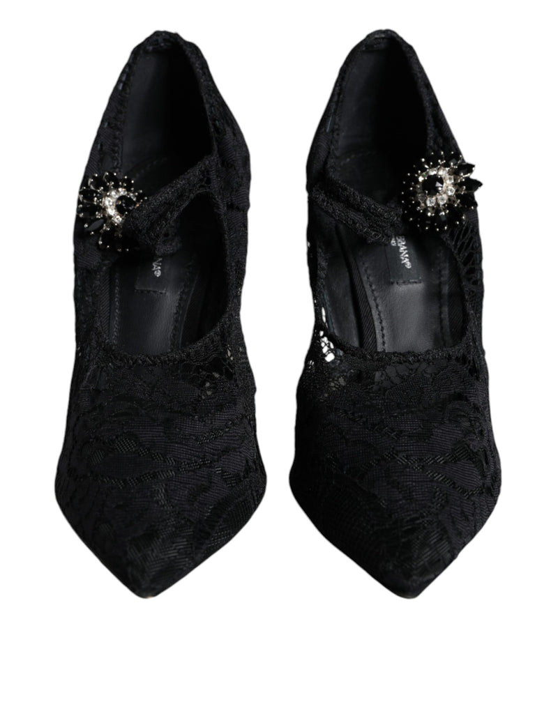 Dolce & Gabbana Black Mary Jane Pumps with Lace and Crystals