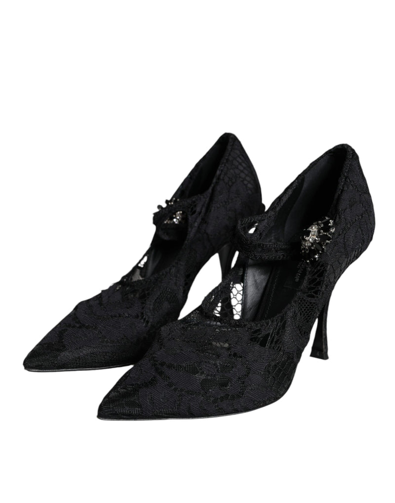 Dolce & Gabbana Black Mary Jane Pumps with Lace and Crystals