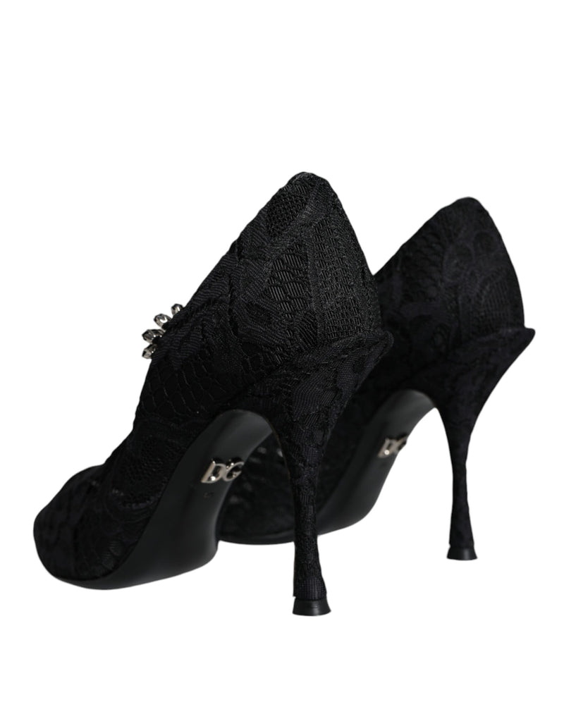 Dolce & Gabbana Black Mary Jane Pumps with Lace and Crystals