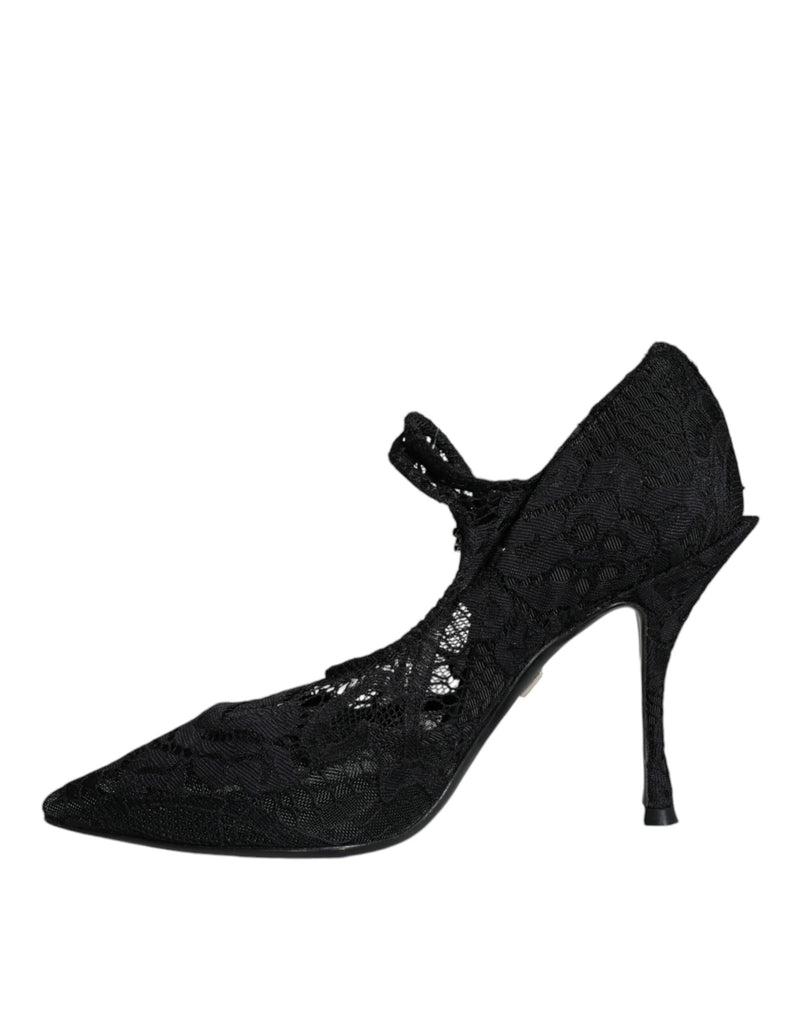 Dolce & Gabbana Black Mary Jane Pumps with Lace and Crystals