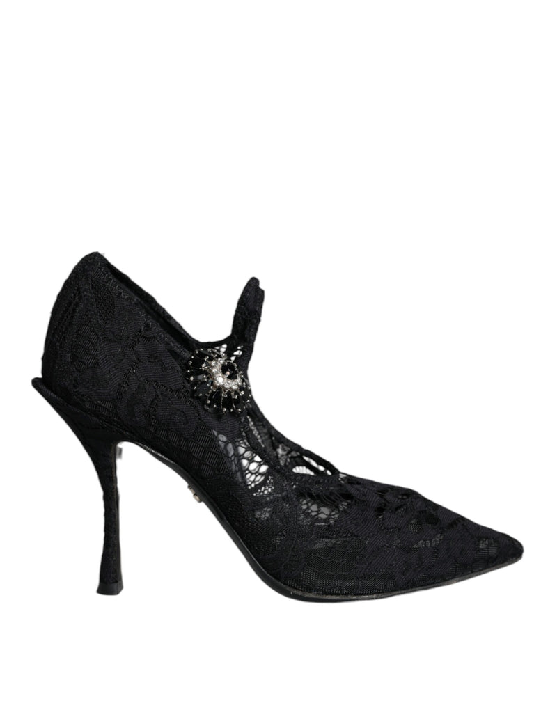 Dolce & Gabbana Black Mary Jane Pumps with Lace and Crystals