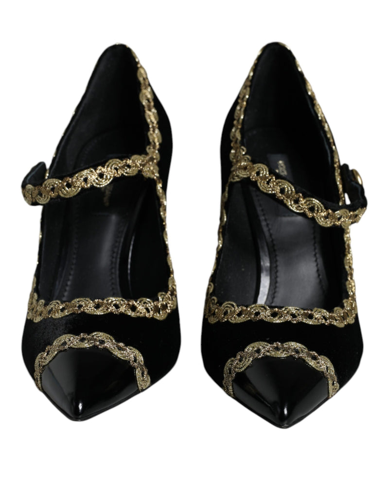 Dolce & Gabbana Black Velvet Gold Mary Janes Pumps