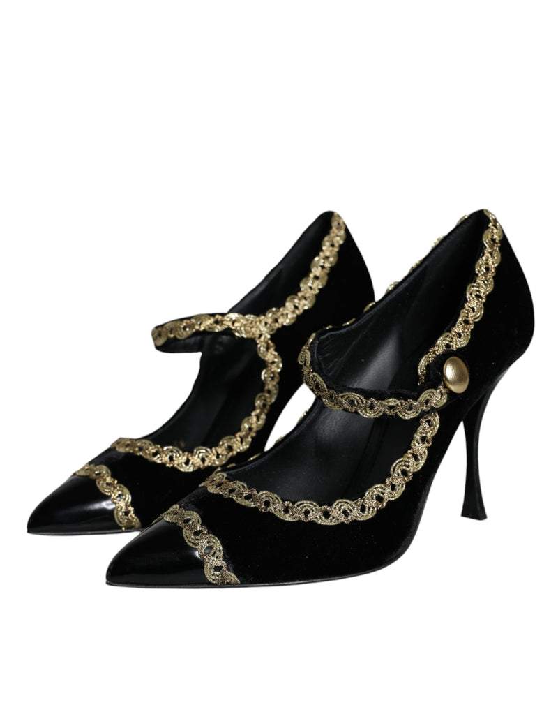 Dolce & Gabbana Black Velvet Gold Mary Janes Pumps