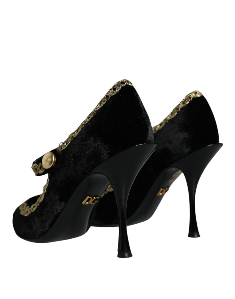 Dolce & Gabbana Black Velvet Gold Mary Janes Pumps
