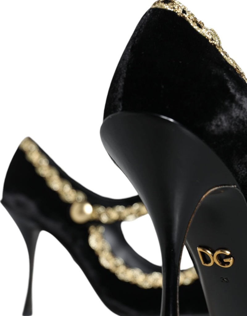 Dolce & Gabbana Black Velvet Gold Mary Janes Pumps