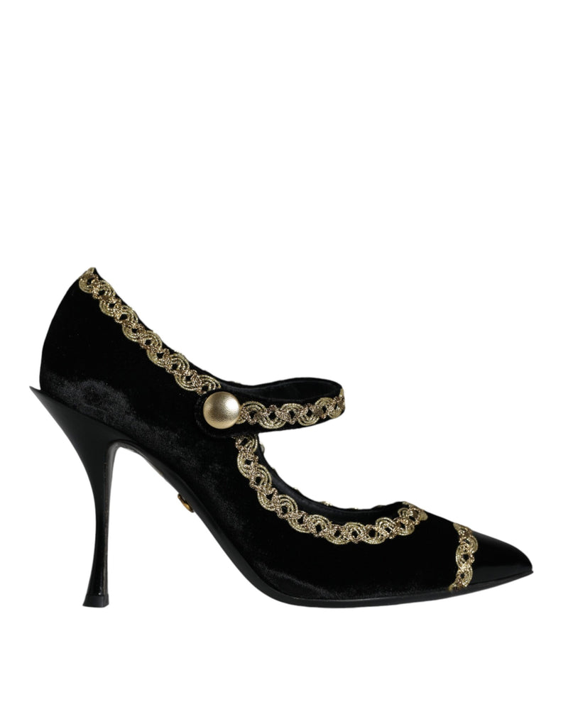 Dolce & Gabbana Black Velvet Gold Mary Janes Pumps