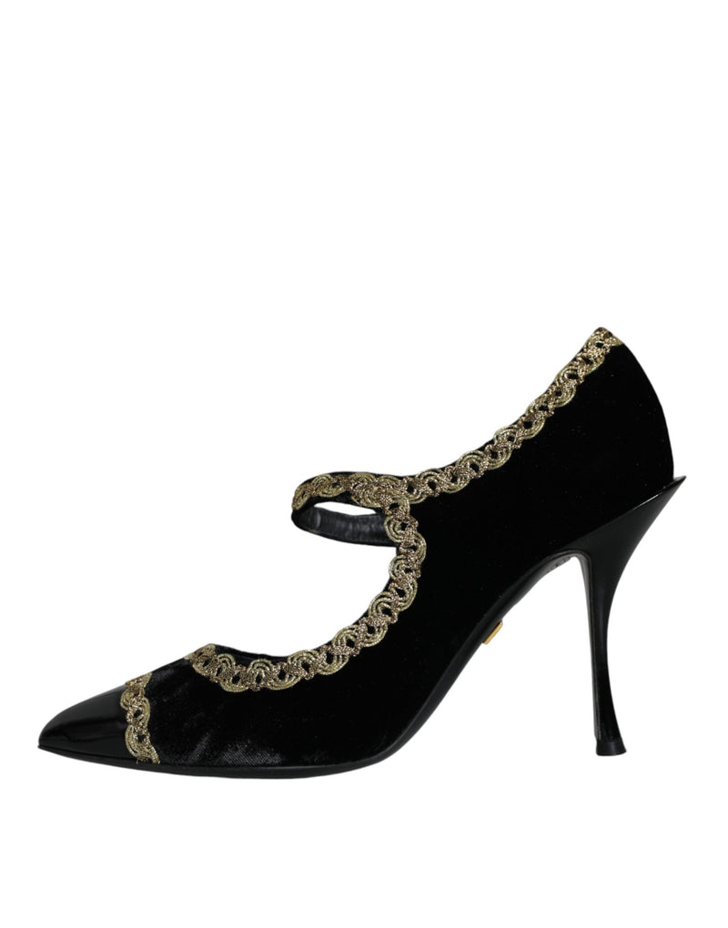 Dolce & Gabbana Black Velvet Gold Mary Janes Pumps