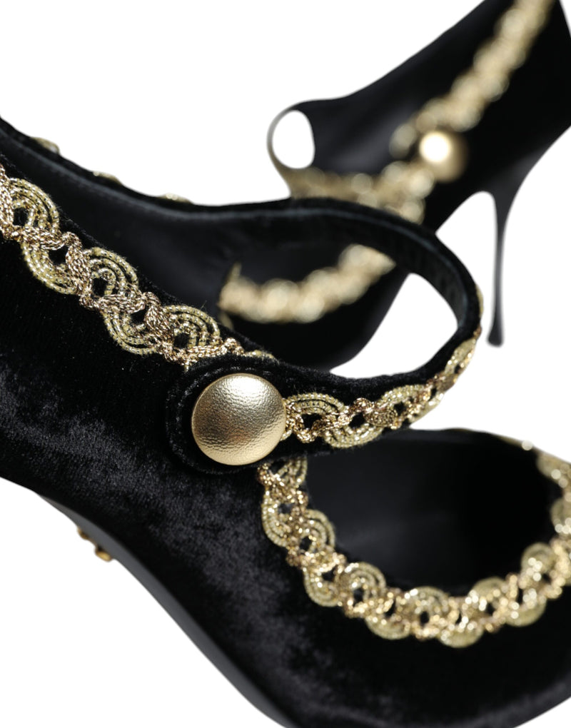 Dolce & Gabbana Black Velvet Gold Mary Janes Pumps