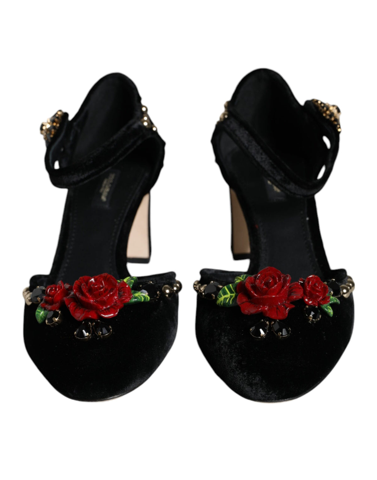 Dolce & Gabbana Black Velvet Roses Ankle Strap Pumps