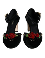 Dolce & Gabbana Black Velvet Roses Ankle Strap Pumps