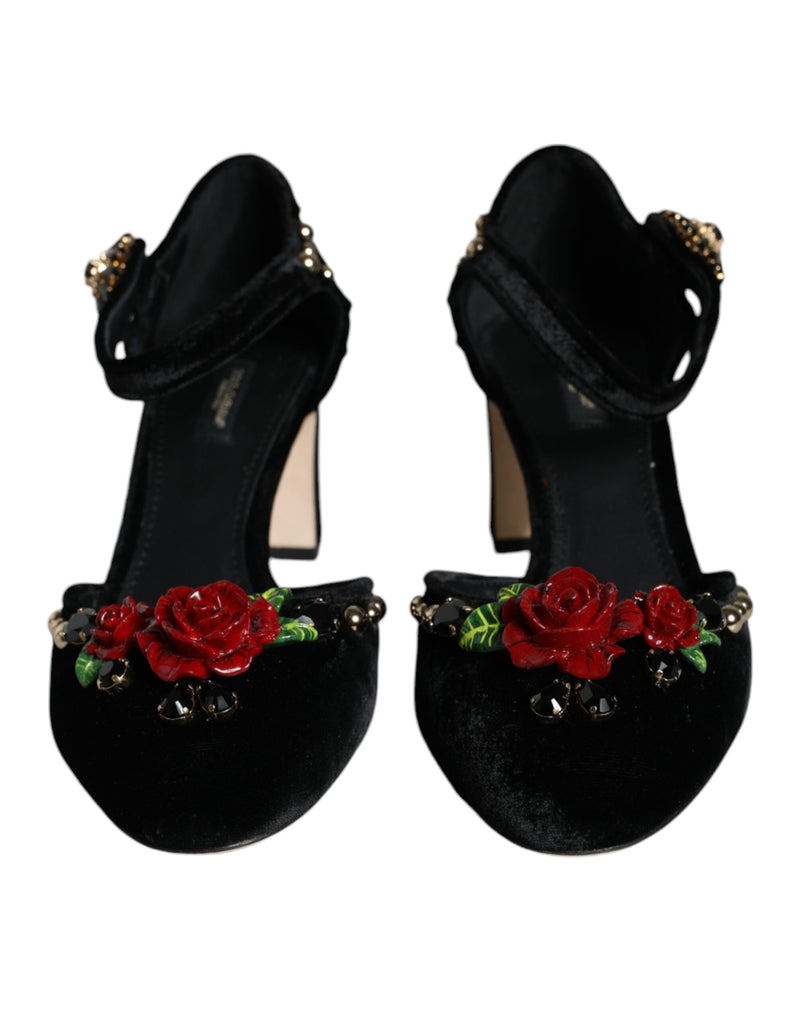Dolce & Gabbana Black Velvet Roses Ankle Strap Pumps
