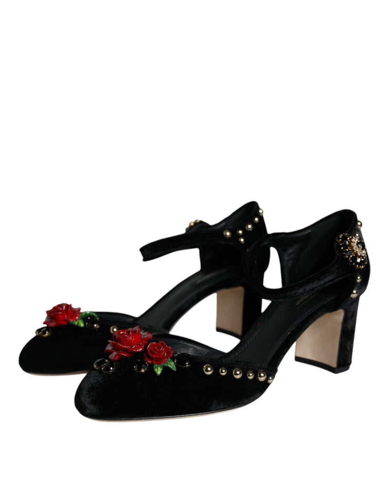 Dolce & Gabbana Black Velvet Roses Ankle Strap Pumps