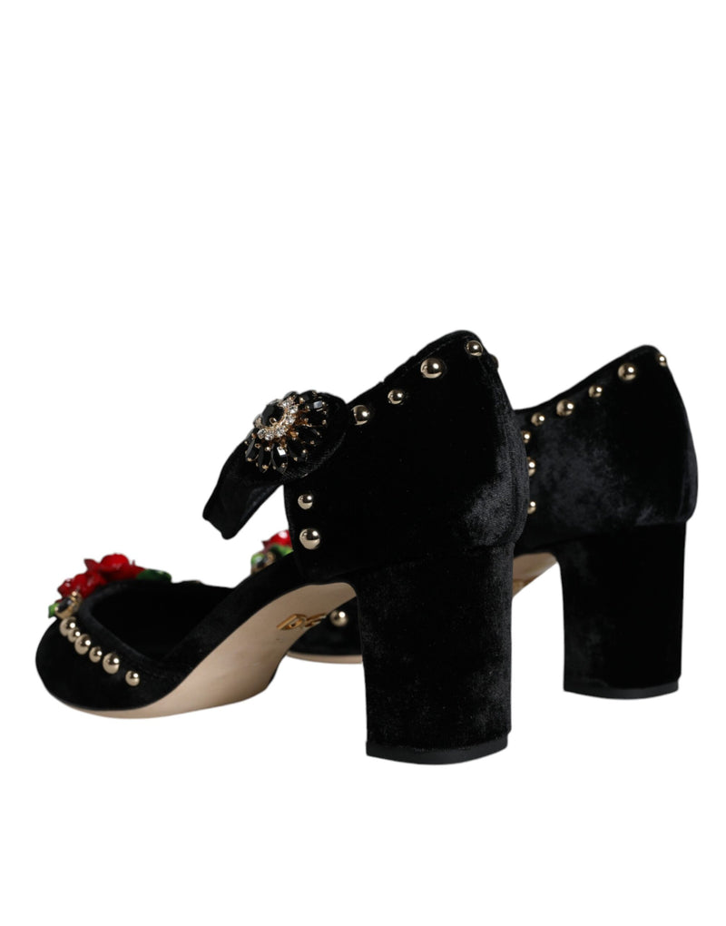 Dolce & Gabbana Black Velvet Roses Ankle Strap Pumps