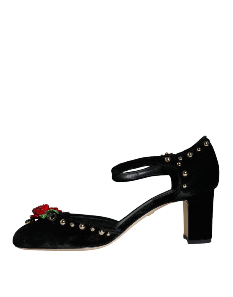 Dolce & Gabbana Black Velvet Roses Ankle Strap Pumps