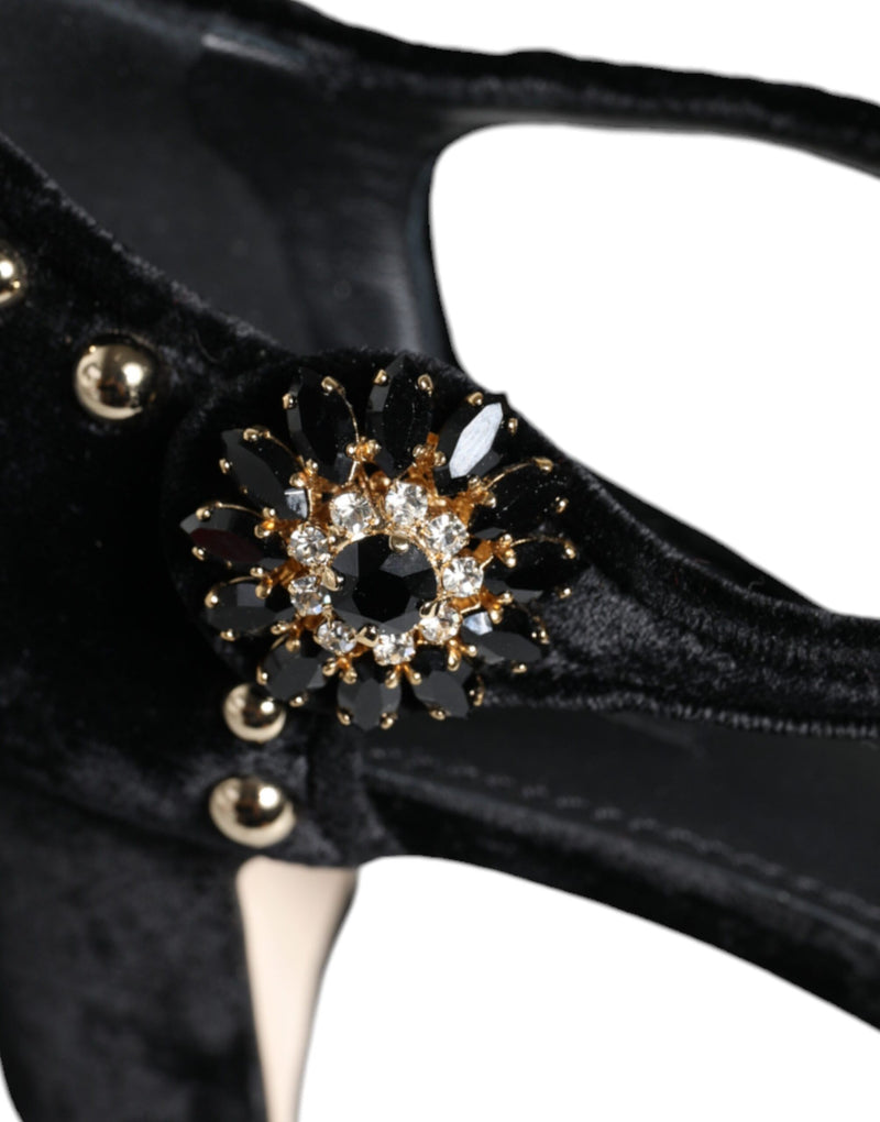 Dolce & Gabbana Black Velvet Roses Ankle Strap Pumps