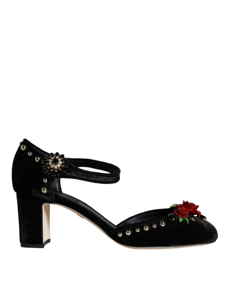 Dolce & Gabbana Black Velvet Roses Ankle Strap Pumps