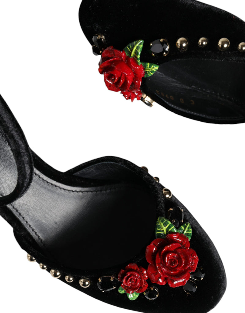 Dolce & Gabbana Black Velvet Roses Ankle Strap Pumps