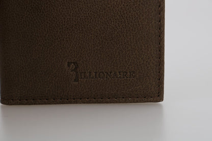 Portefeuille à deux volets en cuir marron de la collection couture italienne Billionaire