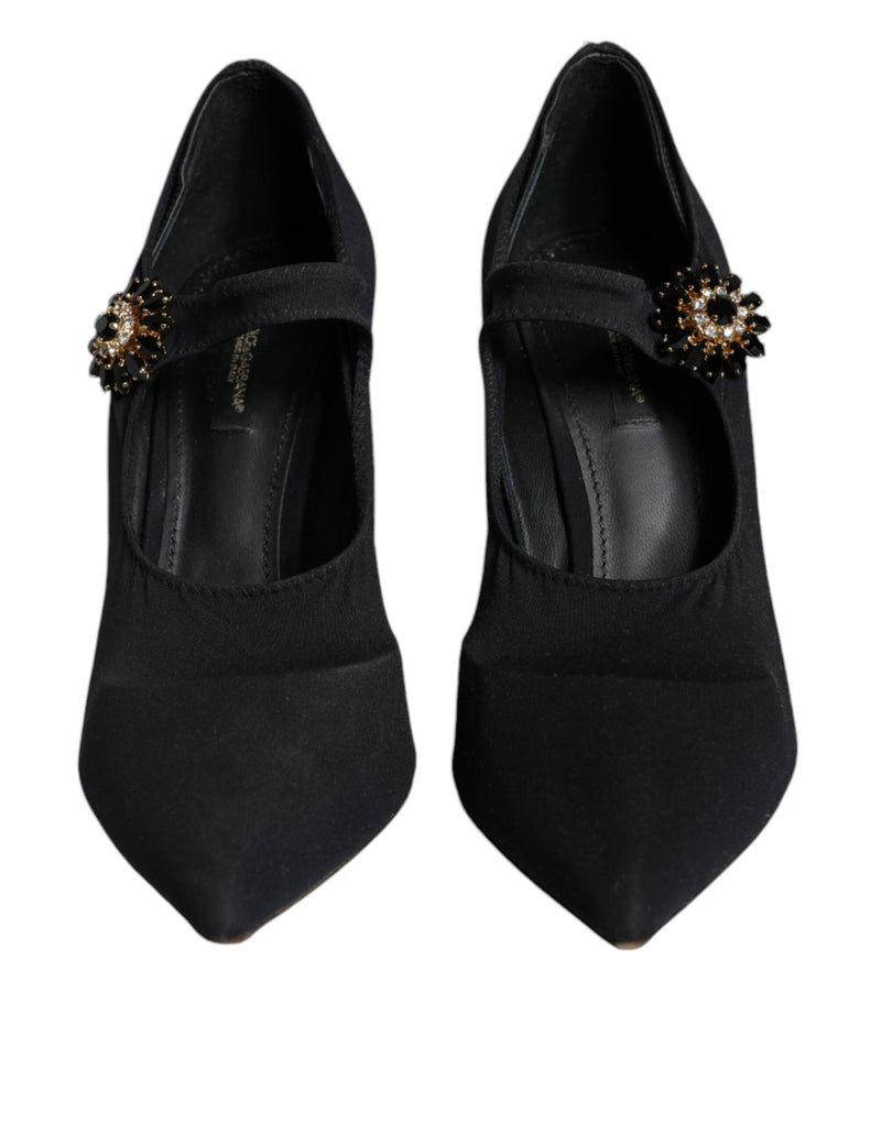 Dolce & Gabbana Black Mary Jane Jersey Crystal Pumps