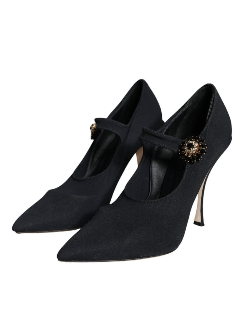 Dolce & Gabbana Black Mary Jane Jersey Crystal Pumps