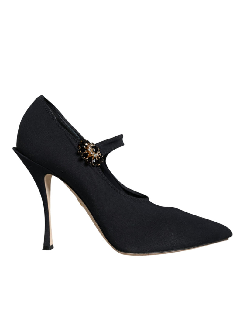 Dolce & Gabbana Black Mary Jane Jersey Crystal Pumps