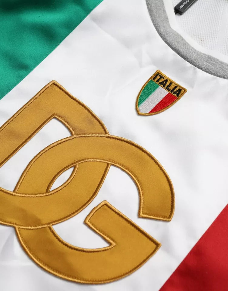T-shirt Dolce &amp; Gabbana blanc et vert, sans manches, avec le drapeau italien et un panier.