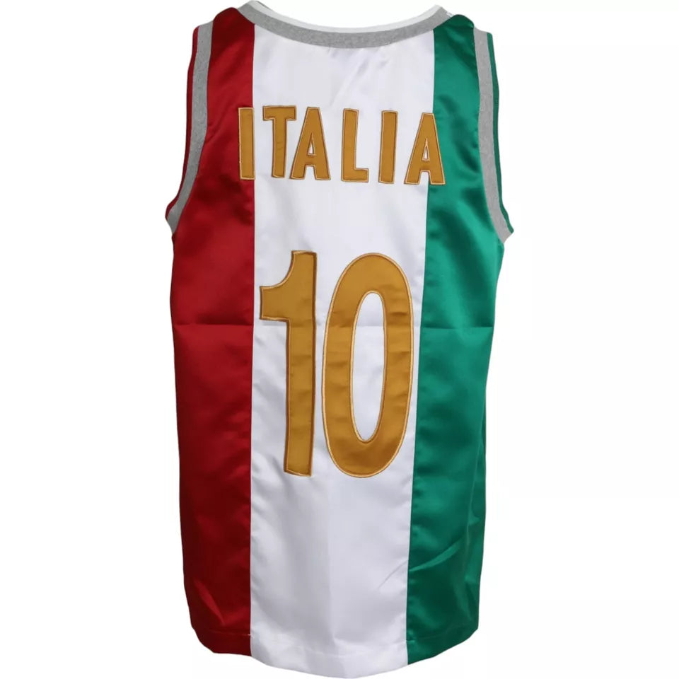 T-shirt Dolce &amp; Gabbana blanc et vert, sans manches, avec le drapeau italien et un panier.