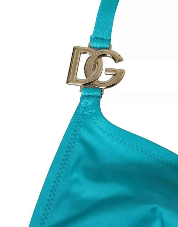 Dolce & Gabbana Blue Green Halter DG Logo Swimwear Bikini Top