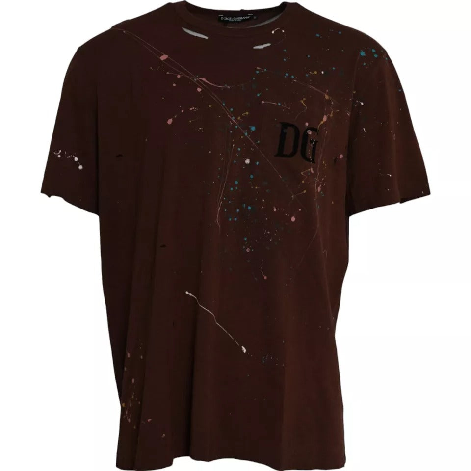 T-shirt en coton à col rond brun avec éclaboussures de couleur de Dolce &amp; Gabbana