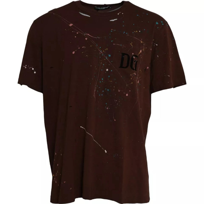 T-shirt en coton à col rond brun avec éclaboussures de couleur de Dolce &amp; Gabbana