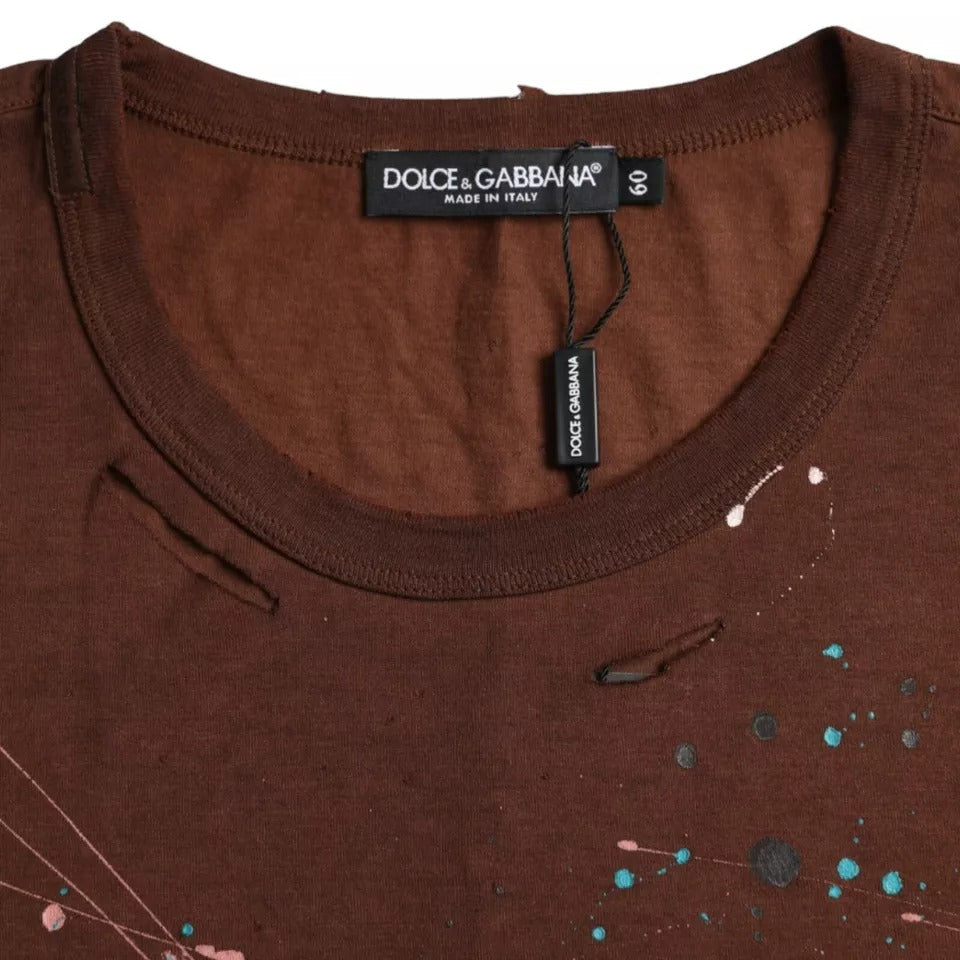 T-shirt en coton à col rond brun avec éclaboussures de couleur de Dolce &amp; Gabbana