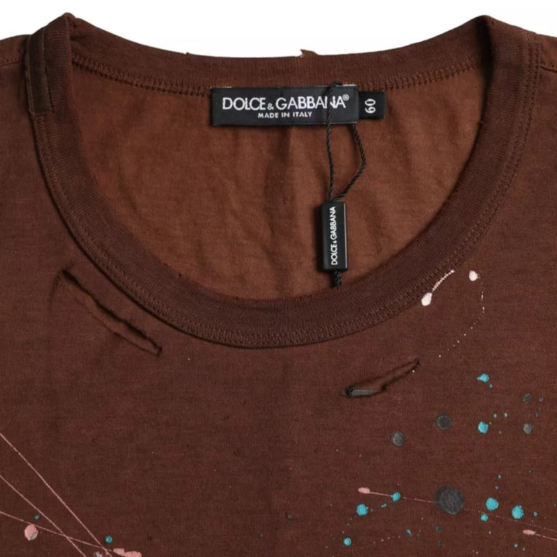 T-shirt en coton à col rond brun avec éclaboussures de couleur de Dolce &amp; Gabbana
