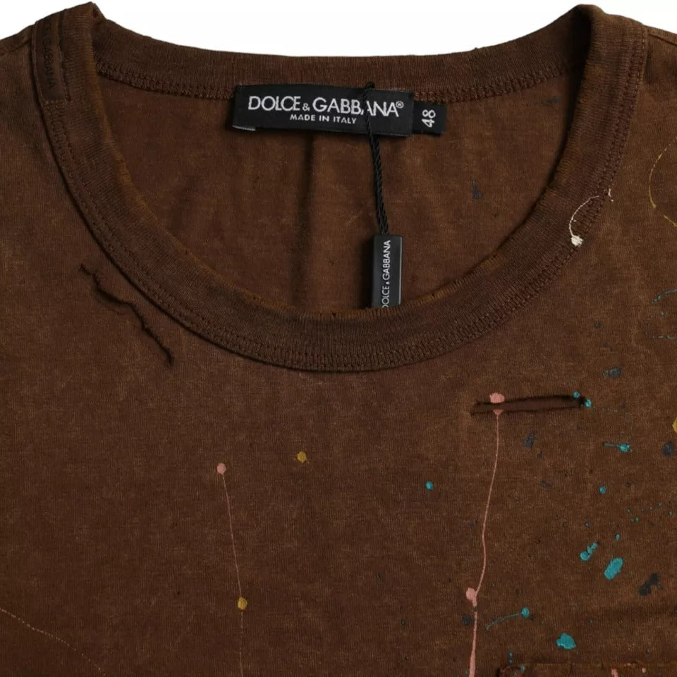 T-shirt en coton à col rond brun avec éclaboussures de couleur de Dolce &amp; Gabbana