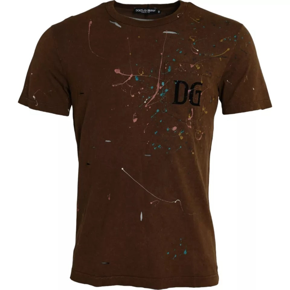 T-shirt en coton à col rond brun avec éclaboussures de couleur de Dolce &amp; Gabbana