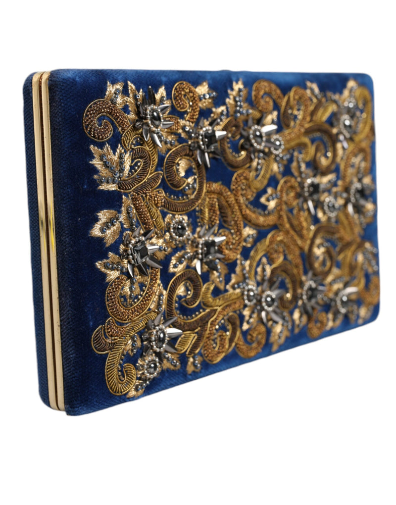 Dolce & Gabbana Blue Velvet Gold Frame Clutch Evening Purse