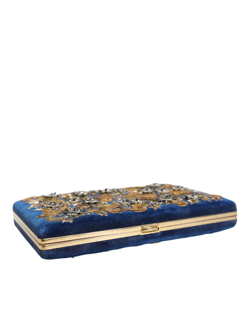 Dolce & Gabbana Blue Velvet Gold Frame Clutch Evening Purse