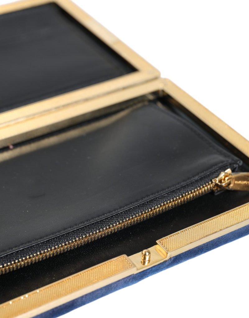 Dolce & Gabbana Blue Velvet Gold Frame Clutch Evening Purse