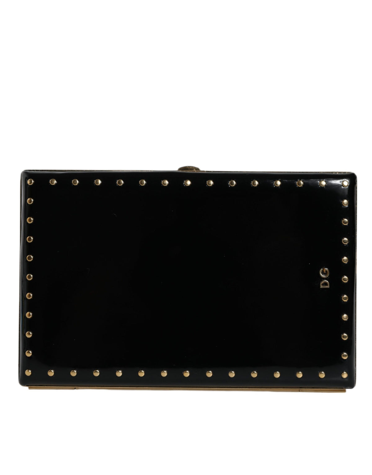 Dolce & Gabbana Black Leather Studs Gold Frame Clutch Evening Purse