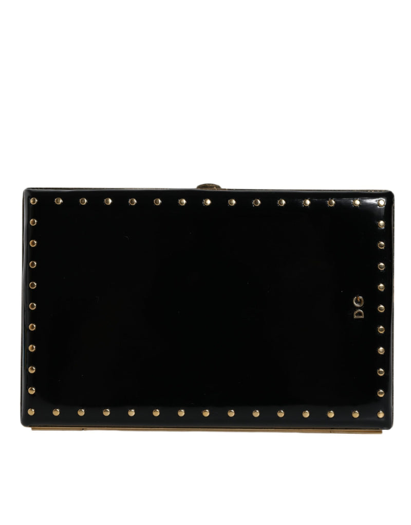 Dolce & Gabbana Black Leather Studs Gold Frame Clutch Evening Purse
