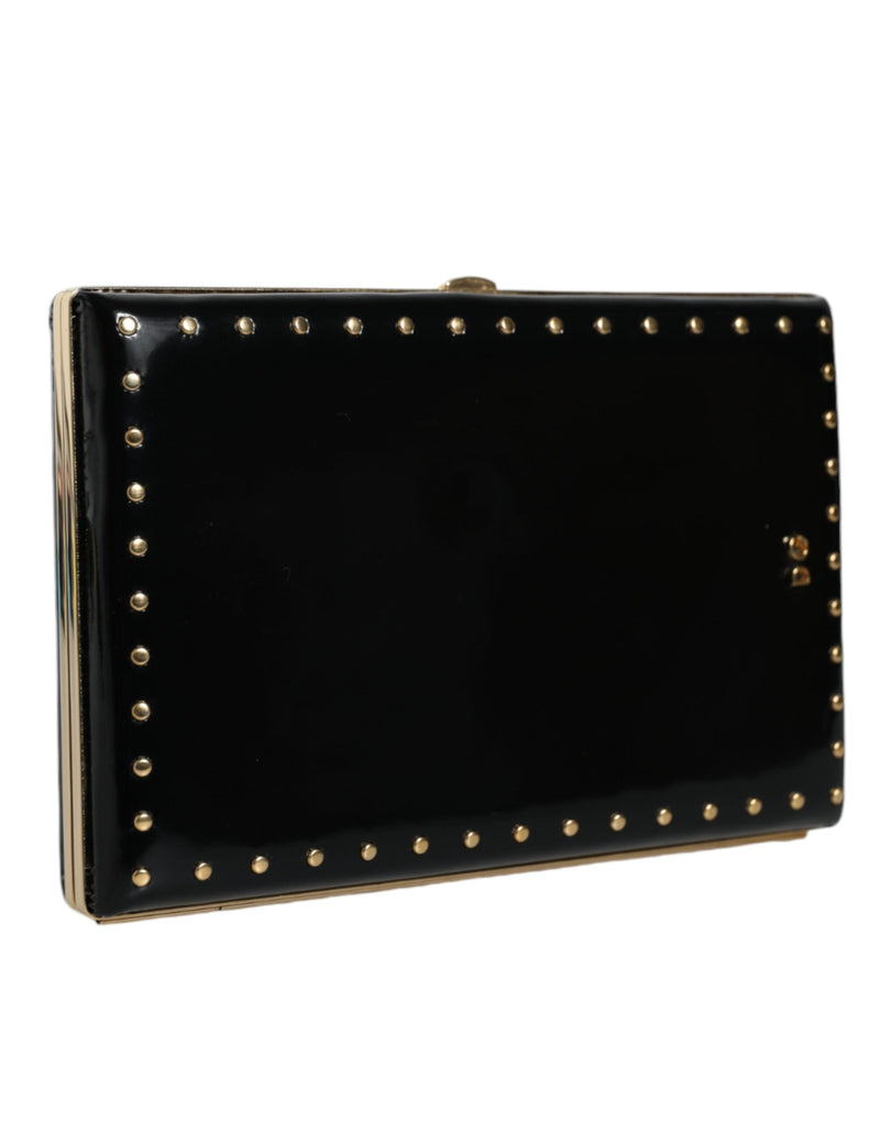 Dolce & Gabbana Black Leather Studs Gold Frame Clutch Evening Purse